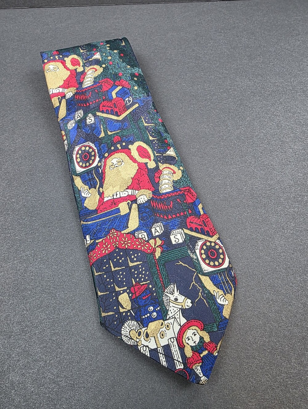 Italian Silk Christmas Tie Santa Toys Rocking Horse Handmade in Italy 59"